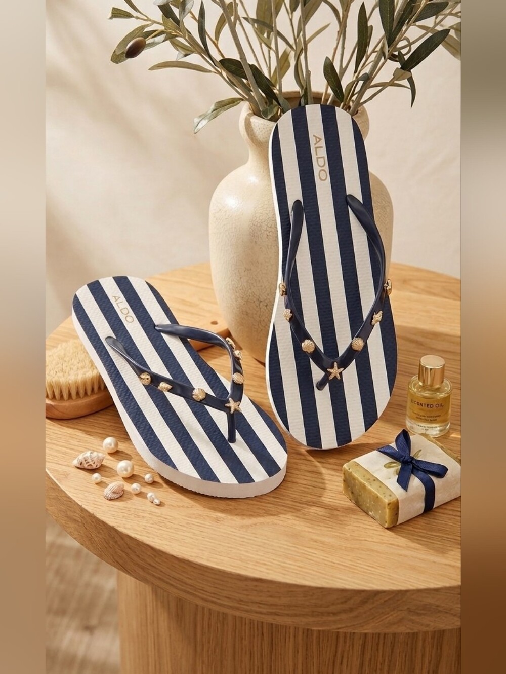 Aldo Women's Blue/White Striped Shell Charm Flip Flops Size 9